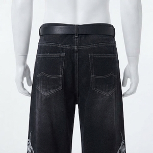 Jeans de Mezclilla de Cintura Alta y Pierna Ancha para Hombre, con Bordado Floral, Corte Holgado, Estilo Urbano de Algodón, para Otoño - Product Image 4