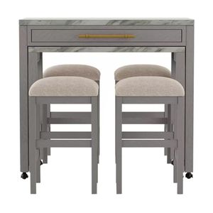 Set da Pranzo Rustico 5 Pezzi Grigio Chiaro con Altezza da Bancone, Cassetto Portaoggetti, 4 Sgabelli, Piano in Finto Marmo, Carrelli da Cucina per Sala da Pranzo - Product Image 6