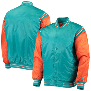 Men's Aqua Orange Breathable Winter Varsity Jacket Stand Collar <b>Covered</b> <b>Button</b> Closure Ribbed Cuffs Regular Fit Polyester/Cotton - Product Image 3