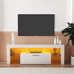 Moda bianco TV Cabinet luce LED cintura telecomando vetro temprato maniglia in metallo per soggiorno camera da letto - Product Image 1
