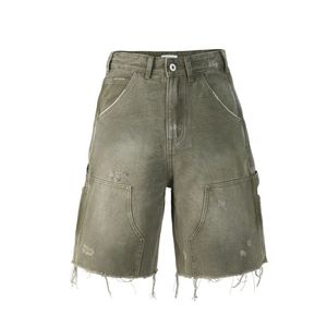 Men's Olive Cargo Shorts High Waist <b>Canvas</b> Button Fly Workwear Style Bermuda Length Frayed Hem Pockets Solid Color - Product Image 1