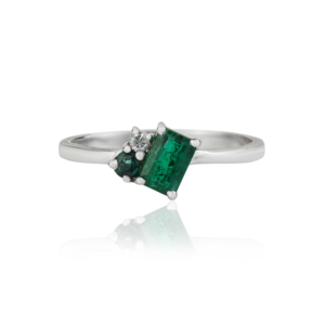 Wholesale 925 Sterling <b>Silver</b> Natural Baguette <b>Emerald</b> & Round Diamond Asymmetrical Cluster Fine <b>Ring</b> Jewelry - Product Image 1