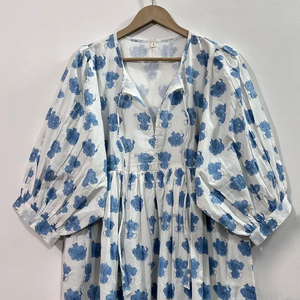 เดรสลำลองผู้หญิงผ้าฝ้ายทอสีพื้น/เรียบ แขนทรงบอลลูน เอวทรงเอ็มไพร์ ทรงเบบี้ดอลล์ คอวีทรงโอเวอร์ไซส์ ทรงหลวม - Product Image 5