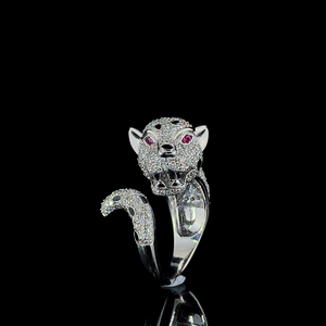 Luxury Panther Head Diamond <b>Ring</b> for Women Custom 10K-22K Gold IGI Certified Animal Design Pink Eyes <b>Black</b> Accents Wedding Gift - Product Image 2