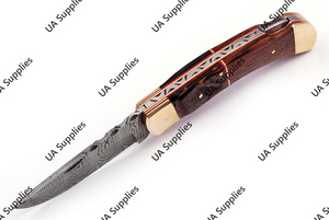 มีดพับทำมือจากเหล็กดามัสกัส ใบมีดทรงดรอปพอยต์ คุณภาพสูง สำหรับตั้งแคมป์ ด้ามทำจากเขาสัตว์และไม้พะยูง รับผลิตแบบ OEM/ODM - Product Image 4