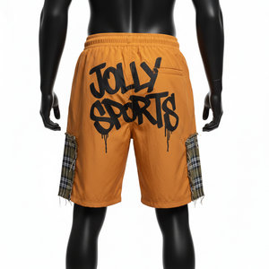 Pantalones cortos cortavientos de poliéster para hombre, color mostaza naranja, paneles laterales a cuadros, estampado serigrafiado, logotipo personalizado, pantalones cortos para hombre - Product Image 2