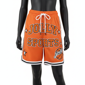 Pantalones Cortos de Baloncesto Ligeros de Malla de Poliéster de 180 GSM, Color Naranja Vibrante, Parche Bordado, Dobladillo con Rayas - Product Image 6