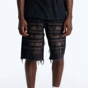 Custom Men's VIRAL DENIM Vintage Straight Jorts Light Distressed Hem <b>Embroidered</b> Breathable Eco-Friendly <b>Jeans</b> Shorts Rhinestone - Product Image 1