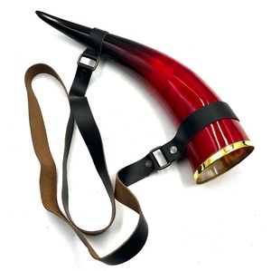 <b>Large</b> Viking Horn <b>Cup</b> Red Finish with Leather Holder Medieval Drinkware - Product Image 2