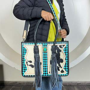 Sac à main en cuir à carreaux fait à la main, avec pierre turquoise, nouvelle tendance, sac fourre-tout en cuir de vache pour femmes - Product Image 4