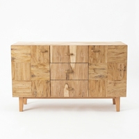 Buffet moderne en bois massif naturel, motif patchwork, 3 tiroirs, 2 armoires, console multimédia pour salon