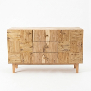 Buffet moderne en bois massif naturel, motif patchwork, 3 tiroirs, 2 armoires, console multimédia pour salon - Product Image 1