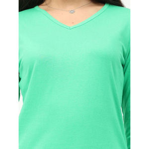 Camiseta de Manga Larga con Cuello en V Verde para Mujer, 100% Algodón, Tejido de Punto, Color Sólido Informal, Transpirable, Top de Primavera/Verano - Product Image 3