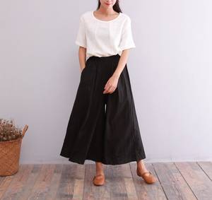 Women's Black Cotton Culottes Loose Fit Knee Length Elastic Waist Solid Color Casual <b>Summer</b> <b>Pants</b> With Pockets Flat Front Style - Product Image 4
