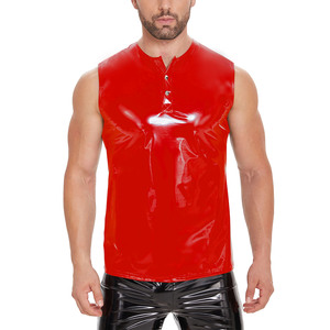 Chaleco sin mangas negro brillante para hombre, cuello en V, con botones al frente, efecto mojado, poliéster, estilo gótico, ropa exterior de verano - Product Image 6