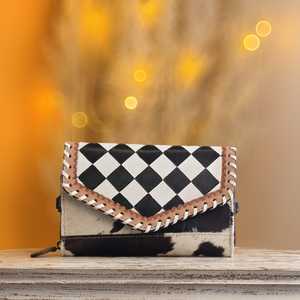 New Hand Tooling Black & White Color Checkboard Diamond Pattern With Hair On Hide Fur 100% Genuine Leather Women's Clutch <b>Wallet</b> - Product Image 1