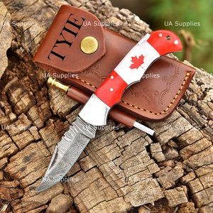 Canadian Flag Handle Custom Damascus Steel Folding Knife Razor Sharp Pocket Hunting Knife Leather Sheath OEM ODM Manufacturer - Product Image 6