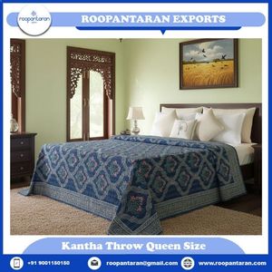 Hand Block Printed Cotton Sanganer Queen Size Kantha <b>Throw</b> <b>Large</b> Width Handmade Indian Quilt Traditional Bedroom Bedroom Textile - Product Image 2