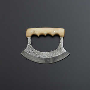 Cuchillo de Chef Ulu Hecho a Mano |   Cuchillo curvo de acero de Damasco con mango de hueso y cuerno y funda de cuero ecológico, ambidiestro - Product Image 2