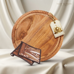 Round Wooden Serving Board With Potholders Grooved Design <b>Heat</b> Insulation Mat Natural Wood Plate Kitchen Table - Product Image 1