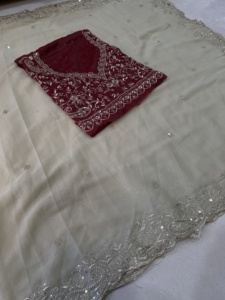 AARA Fashion Elegante Sari de Seda Beige con Blusa Bordada en Rojo para Bodas y Ocasiones Especiales, Sari Tradicional Largo hasta el Suelo para Mujer, India, Pakistán - Product Image 5