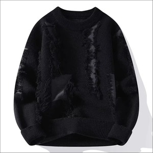 Pull en tricot noir surdimensionné pour homme avec franges, col rond, pull d'hiver anti-boulochage, coupe classique, couleur unie - Product Image 1