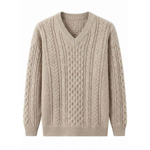 Pulls personnalisés durables à col en V et manches longues, avec cordon tressé, poignets côtelés épais, couleur beige chiné, chauds et chauffants - Product Image 1