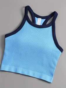 Women Sport Crop Top Halter <b>Neck</b> Contrast Piping Rib Knit Yoga Bra Removable <b>Pads</b> Wirefree Running Athletic Vest Blanks - Product Image 4