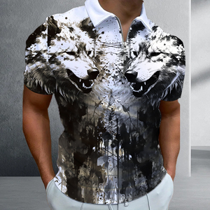 Polo pour homme avec imprimé loup artistique blanc et noir |   T-shirt à col zippé 1/4 en sublimation numérique |   Haut décontracté à motif animal gothique moderne - Product Image 2