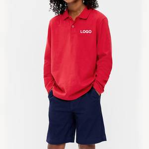 เสื้อโปโลแขนยาวสีแดงผ้าคอตตอนปิเก้สำหรับเด็กนักเรียนแบบยูนิเซ็กซ์ - Product Image 1