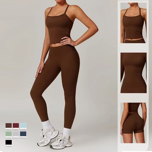 <b>Women</b> 2 Piece Yoga Set High Waist Seamless <b>Crop</b> Top Full Length <b>Leggings</b> Solid Brown Activewear Spandex Polyester Stretch - Product Image 6