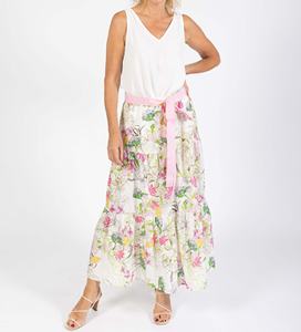 กระโปรงทรงเอวสูงชายกระโปรงบานใหญ่สำหรับผู้หญิง ลายพิมพ์สวยงาม ดีไซน์เป็นชั้นๆ ทันสมัย ความยาวปานกลาง พร้อมสายผูกสีชมพูแบบถอดได้ - Product Image 2