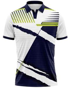 เสื้อโปโลผู้ชายสีน้ำเงินกรมท่าและสีขาว แขนสั้น ลายเรขาคณิต ผ้าโพลีเอสเตอร์ระบายอากาศได้ดี เหมาะสำหรับกีฬากอล์ฟ ลำลอง และฝึกซ้อม - Product Image 1