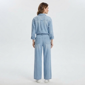 Women Light Blue Denim <b>Shirt</b> And Wide Leg Jeans Set Casual Two Piece Matching Denim Outfit Streetwear Fashion - Product Image 2