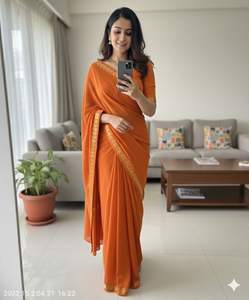 ผ้าซารีอินเดียสำเร็จรูปสำหรับผู้หญิง ผ้าวิสโคสเครปจอร์เจียต์ ผ้าไหม สำหรับงานแต่งงานหรืองานเลี้ยง  แบบหนา  ไม่มีลายพิมพ์  ยี่ห้อซายูร์ยา  สินค้าขายดี - Product Image 2