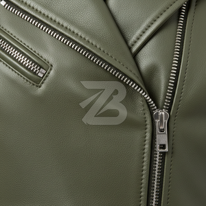 Chaqueta de Motociclista de Cuero Genuino Verde Oliva para Mujer, Manga Larga, Cuello Camisero, Cierre de Cremallera, Largo Regular, Estilo Otoñal - Product Image 4