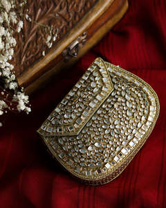 Ethnic Handmade Metal & Stone <b>Crystal</b> <b>Mirror</b> Bridal Wedding Party Evening Clutch Bag - Product Image 5