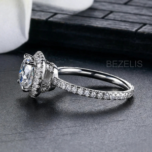 Anillo de compromiso con diamante de laboratorio talla cojín y halo, banda pavé de oro blanco de 14K, engaste halo, anillo de diamante de laboratorio talla cojín 18 - Product Image 4