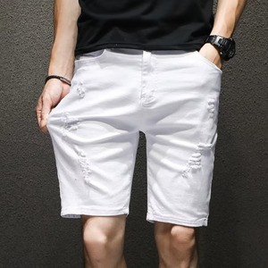 Pantalones Cortos de Mezclilla Blancos Ajustados para Hombre, Estilo Vintage, Transpirables, de Verano, con Parches y Rasgaduras - Product Image 3