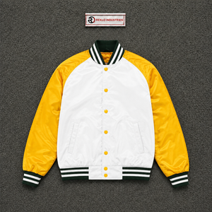 Blouson universitaire en satin blanc et jaune, vente en gros, blouson bomber de baseball brillant de qualité supérieure avec manches contrastées et col côtelé rayé - Product Image 5
