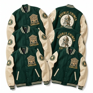 เสื้อแจ็คเก็ต Letterman สีเขียวป่า ทำจากผ้าขนสัตว์ ปักลาย Carillon Bell Tower แขนหนังสีครีม สไตล์ Bomber สำหรับขายส่ง - Product Image 1