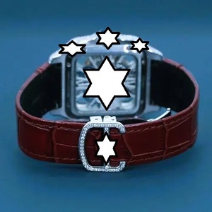 Reloj Mecánico de Lujo de Acero Inoxidable, Caja Rectangular, Incrustaciones de Diamantes, Correa de Cuero Roja, Movimiento Analógico Unisex - Product Image 4
