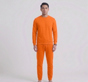 Ensemble de survêtement orange pour homme, sweat-shirt à col rond, ensemble 2 pièces, pantalon de jogging long, couleur unie, vêtements décontractés, 100% coton - Product Image 5