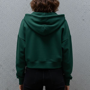 Nuevo Artículo Sudadera con Capucha Verde para Mujer, Cierre de Cremallera, Manga Larga, Tejido de Algodón, Color Sólido, Corte Corto, Ropa de Otoño - Product Image 6