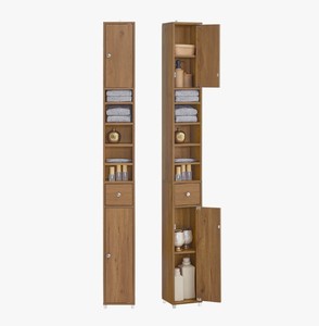 Luxury Solid Teak Wood Tall Bathroom <b>Cabinet</b> Ultra <b>Slim</b> Linen Tower Storage Organizer with Drawer - Product Image 1