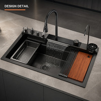 Évier de cuisine professionnel noir nano durable avec accessoires coulissants et cuve unique pour projets modernes résidentiels et hôteliers