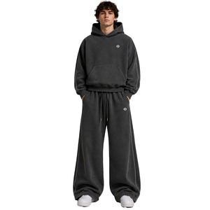 Conjuntos de Sudadera con Capucha y Pantalones Deportivos Holgados de Hip Hop para Hombre, de Color Sólido, Transpirables, de Algodón Grueso, con Bolsillos - Product Image 1