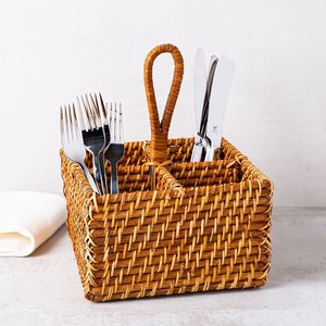 Square rattan <b>utensil</b> <b>holder</b> caddy basket flatware section container woven silverware <b>holders</b> - Product Image 6