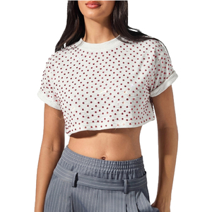 Y2K Rhinestone Studded Crop Top White Short Sleeve Crew Neck Blouse Crystal Beaded Cuffed Summer Tee Women's Shirts OEM Apparel - Product Image 5