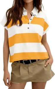 Camiseta Polo a Rayas para Mujer, Manga Corta, Informal, Tejido de Punto, Largo Regular, Estilo Color Block, Blanco y Negro, Camisetas Polo ODM - Product Image 5